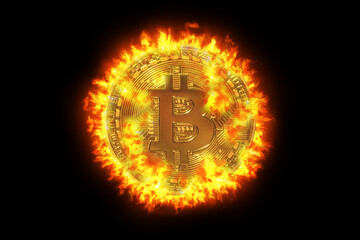 HOT golden bitcoin crypto-currency with BIT symbol. Isolated on BLACK background. Crypto asset for the futuristic virtual gold. Bitcoin hits all-time high new record in January 2021. Bullish Bitcoin