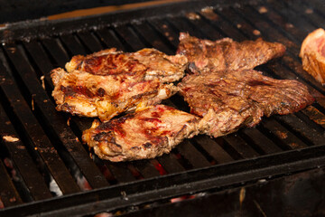 Various steak on the grill with ancho meat. Brazilian barbecue