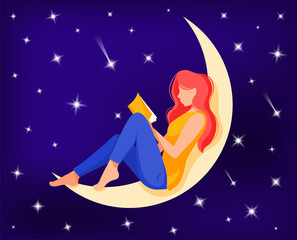 Woman seating on the crescent moon and reading a book. Night sky with stars background. Reading, studying concept. Vector illustration in cartoon style.