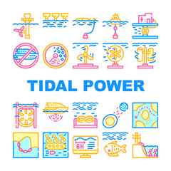 Tidal Power Plant Collection Icons Set Vector