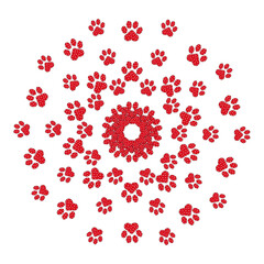 The paws of domestic cats and dogs are red with white polka dots in the shape of a circle. Vector illustration.