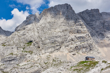 Mountain base Adameckhutte in Dachstein mountains in Austrian Alps. 