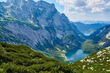 Naklejka na ściany i meble Upper Lake Gosau, Gosaulacke and Lake Gosau with Panoramic mountain landscape in Austrian Alps. 