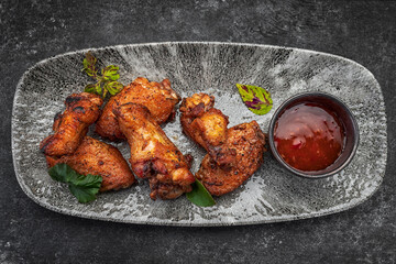 BBQ chicken legs with sauce, on a gray plate, on a dark background