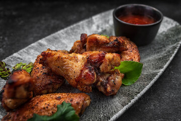 BBQ chicken legs with sauce, on a gray plate, on a dark background
