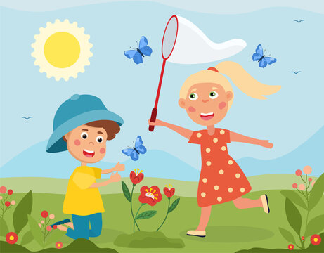 Young girl and boy catching butterflies outdoors in a summer meadow chasing them with a net, colored cartoon vector illustration