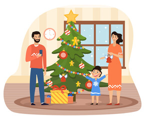Happy family decorating christmas tree at home. Family in festive clothes decorate the house for the holiday in a cozy winter evening. Flat cartoon vector illustration