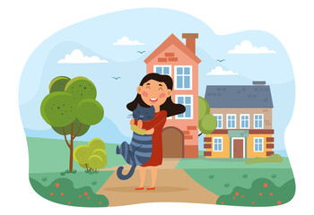 Happy woman hugging her pet cat on the pathway leading to her house with a loving smile, colored cartoon vector illustration