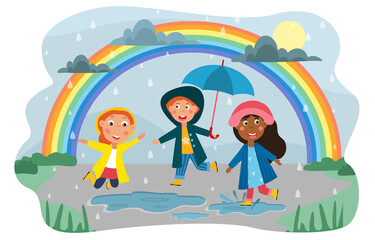 Happy group of diverse multiracial kids playing in the rain dancing in puddles under a colorful rainbow outdoors, colored vector illustration