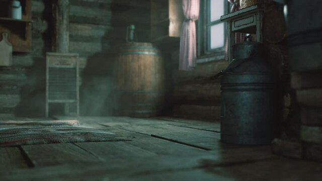 dark interior of retro log house