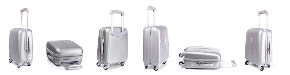 Travel suitcase isolated. Set of silver plastic luggage or vacation baggage bag on white background. Design of summer vacation holiday concept.