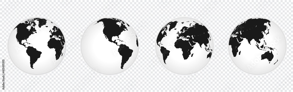 Wall mural set of earth globe icon with 4 hemispheres continents. world map in globe shape isolated on transpar