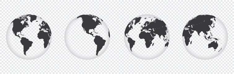 set of  transparent Earth globe icon with 4 hemispheres continents. world map in globe shape isolated on transparent background. vector illustration