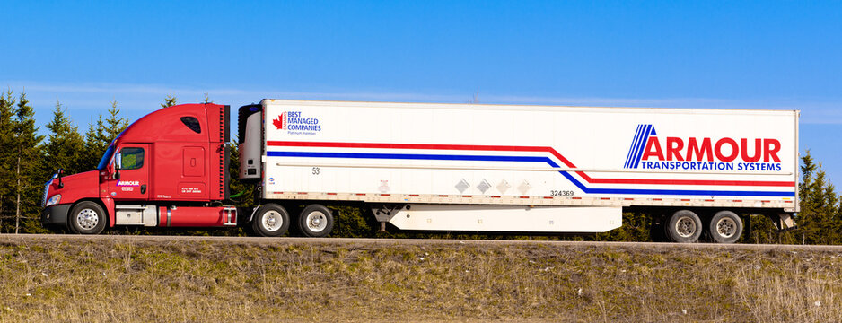 Mount Thom, Canada - May 10, 2018: Parked semi-truck. Armour Transportation Systems is based in Moncton, New Brunswick, Canada and was created in 1955.