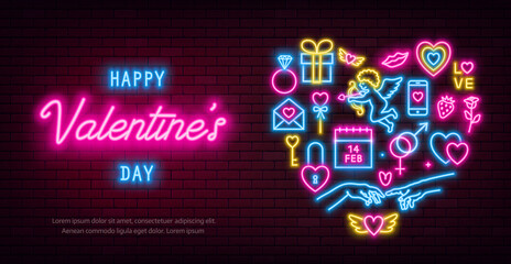 Valentine's Day neon baner, flyer, poster, greeting card. Valentine day neon signs on brick wall background. Vector illustration
