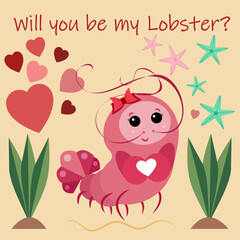 Valentine's Day greeting card with cute girl lobster, starfish and hearts