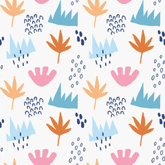 Seamless abstract pattern with geometric shapes. Collage hand drawn style. Trendy pastel colors. Vector illustration.