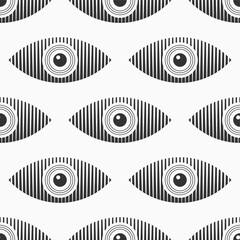 Abstract seamless eyes pattern. Stylized eye shapes with vertical stripes. Vector monochrome illustration.