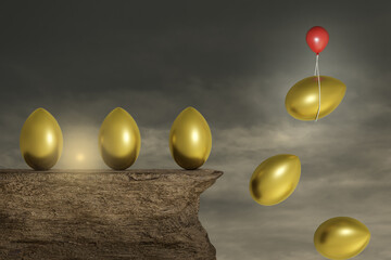 Golden eggs on cliff with a red balloon help to escape one golden egg from falling in a sunset day. Biggest Retirement Decisions or find a Retirement Planner or planning your income concept. 3D Render