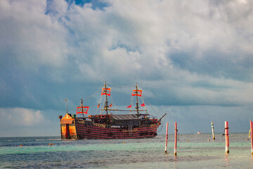 Cancun, Mexico - July 28, 2018. Old tourist pirate ship (Cancun-Mexico)