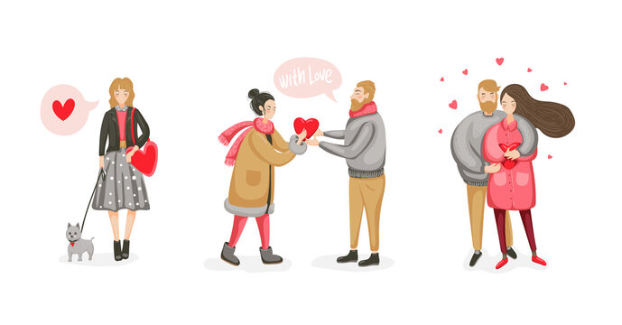 Hand drawn cartoon Happy Valentines day illustrations card with couples people together. In love. Vector EPS10.