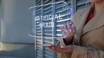 Unrecognizable businesswoman interacts HUD hologram with text Artificial brain. Woman in the coat uses the technology of the future mobile screen on the background of the city - Powered by Adobe