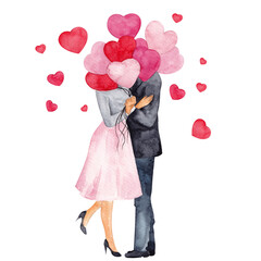 Watercolor Valentines illustration with lovers , hearts, flowers and bouquet, isolated on white background