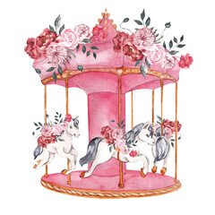 Watercolor illustration with carousel and floral bouquet, Valentines day graphic, isolated on white background © марина васильева