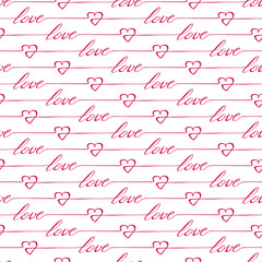 Romantic vector seamless pattern with hand written words Love and hearts. Romantic vintage background Valentines Day's and wedding design.