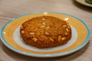 Russian style oatmeal cookie with pine nuts in Saint Petersburg, Russia