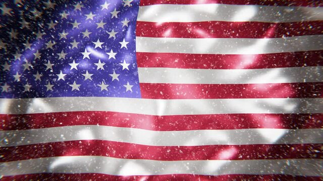 Realistic looping 3D animation of the United States of America national flag with falling snow rendered in UHD