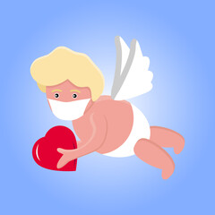 A cute hand-drawn flying Cupid in medical face mask with slings and arrow aim at heart. Clouds around. Valentine's Day during Covid-19 pandemic greeting card design. Vector isolated illustration.