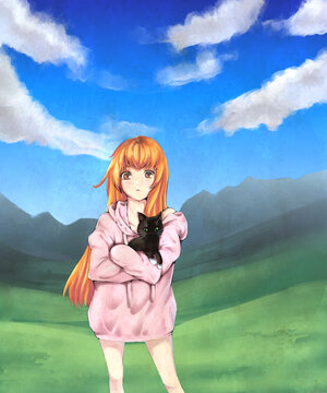 Lonely lost anime girl with a cat
