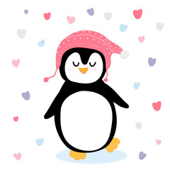 Cute happy penguin in pink knitted hat dancing under hearts rain. Valentines day postacard. Vector