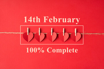 Today now it's saint valentines day concept. Flatlay layout close up view photo picture of paper card in form of hearts hanging on string isolated bright color backdrop