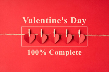 Today now it's saint valentines day concept. Flatlay layout close up view photo picture of paper card in form of hearts hanging on string isolated bright color backdrop