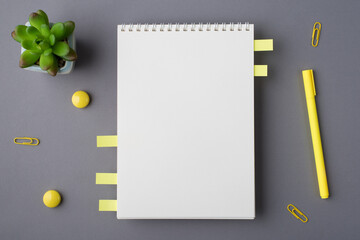 Top above overhead close up flat lay view photo of block note with clear page isolated grey table...
