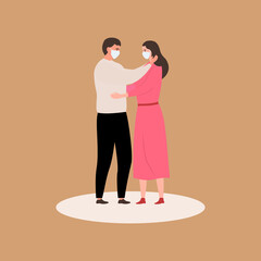 
Happy enamored guy and girl, with masks on their faces, hug. Vector illustration in flat style for Valentine's Day. The concept of love and protection during a pandemic. Young stylish couple 