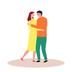 
Happy enamored guy and girl hug. Vector illustration in flat style for Valentine's Day. Man and woman in colorful stylish clothes. Love and partnership concept. Young couple in a relationship.