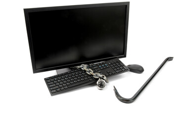 cyber security -  a computer monitor with a crow bar illustrating a hacker tool kit