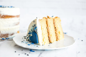 piece of cake on a plate with marble background