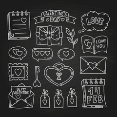 Valentine's day doodle stroke elements, hand drawn sketch, holiday collection on blackboard