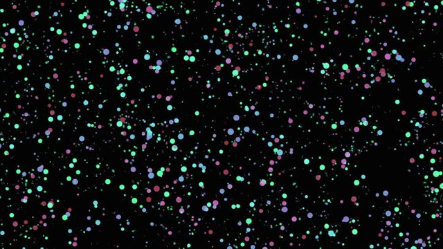 Abstract colorful bubbles flowing chaotically on black background, seamless loop. Animation. Festive pattern with confetti particles, seamless loop.