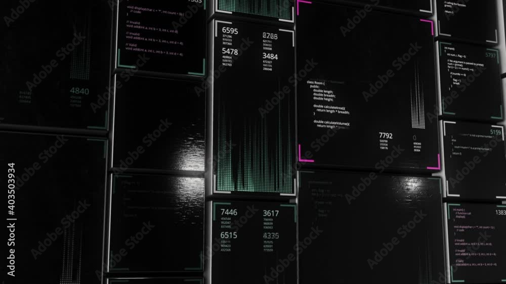 Poster blocks of abstract program code are written and moved in the virtual space of moving panels. animati