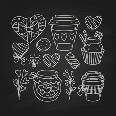 Valentine's day doodle elements, sketch holiday collection on blackboard