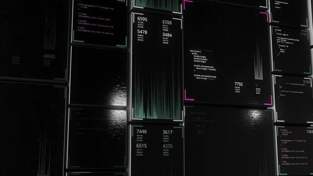 Blocks of abstract program code are written and moved in the virtual space of moving panels. Animation. Digital data flowing, IT, software development and hacking concept. 