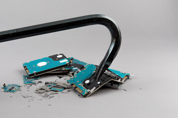 cyber security - computer hard disk drive destruction with a crow bar
