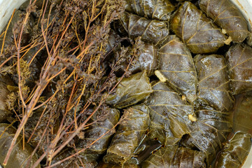 cabbage rolls of linden leaves and dried thyme branches