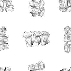 Seamless background of sketches trash cans with sorting garbage
