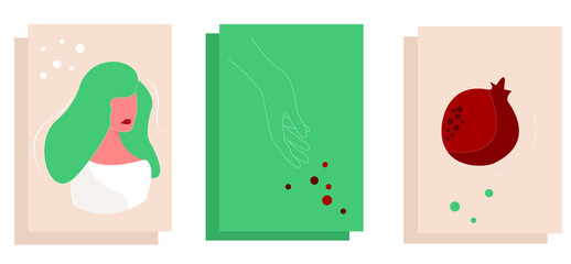 Abstract Flat Portrait of Woman,Hand and Pomegranate Fruit.Abstract Contemporary Art Flat Style.Flat Vector Illustration for Decor,Interior,Wallpaper,Print, Card,Wall and Clothing.